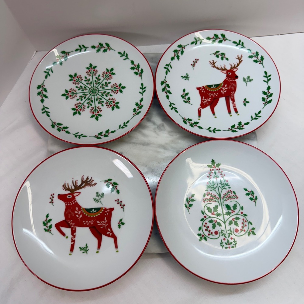 Bee & Willow Christmas Appetizer‎ Plates Set of 4 Reindeer Tree Snowflake 7in